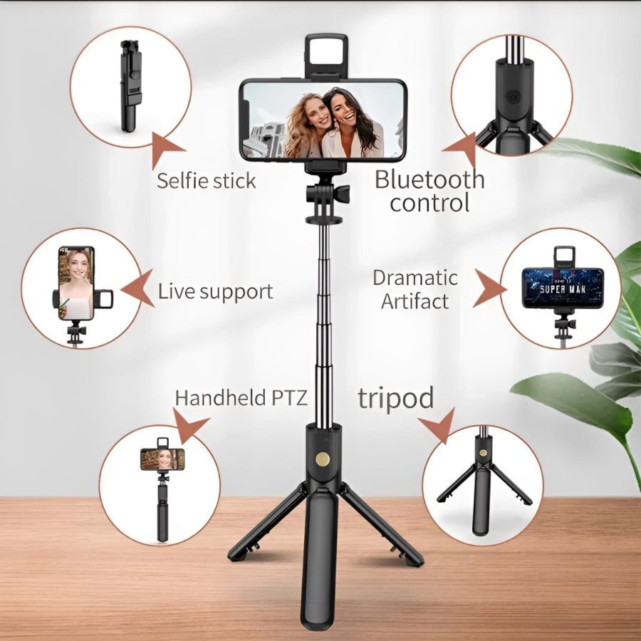 HM-STORE Wireless Selfie Stick Tripod Stand with Light Bluetooth Remote Extendable