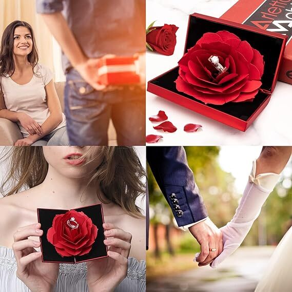 Rose Ring Box Creative Velvet Rose Engagement Jewelry Box for Wedding Jewelry Gift Box (Red)