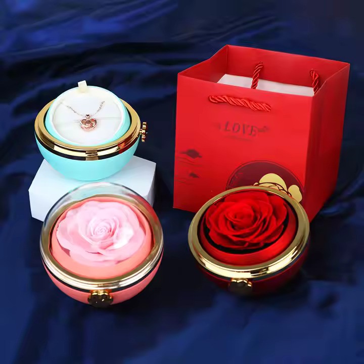 Elegant Rose Flower Rings Box Rotating Jewelry Box Necklace Set