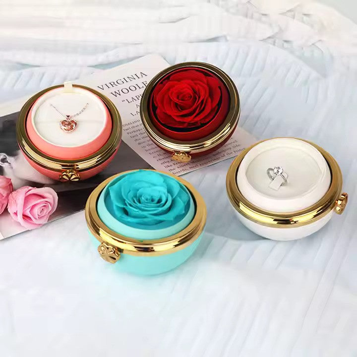 Elegant Rose Flower Rings Box Rotating Jewelry Box Necklace Set